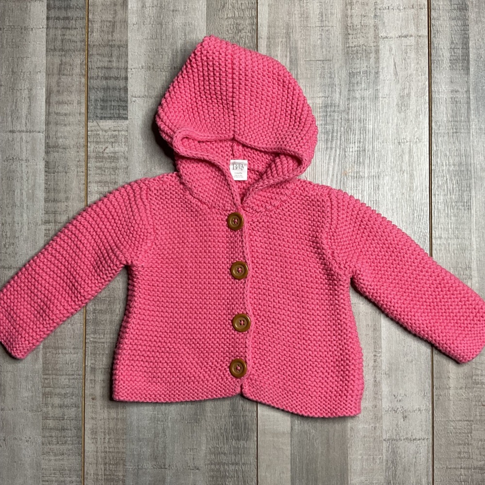 Nordstrom Baby Pink Garter Stitch Hooded Knit Cardigan Sweater 6 Months
